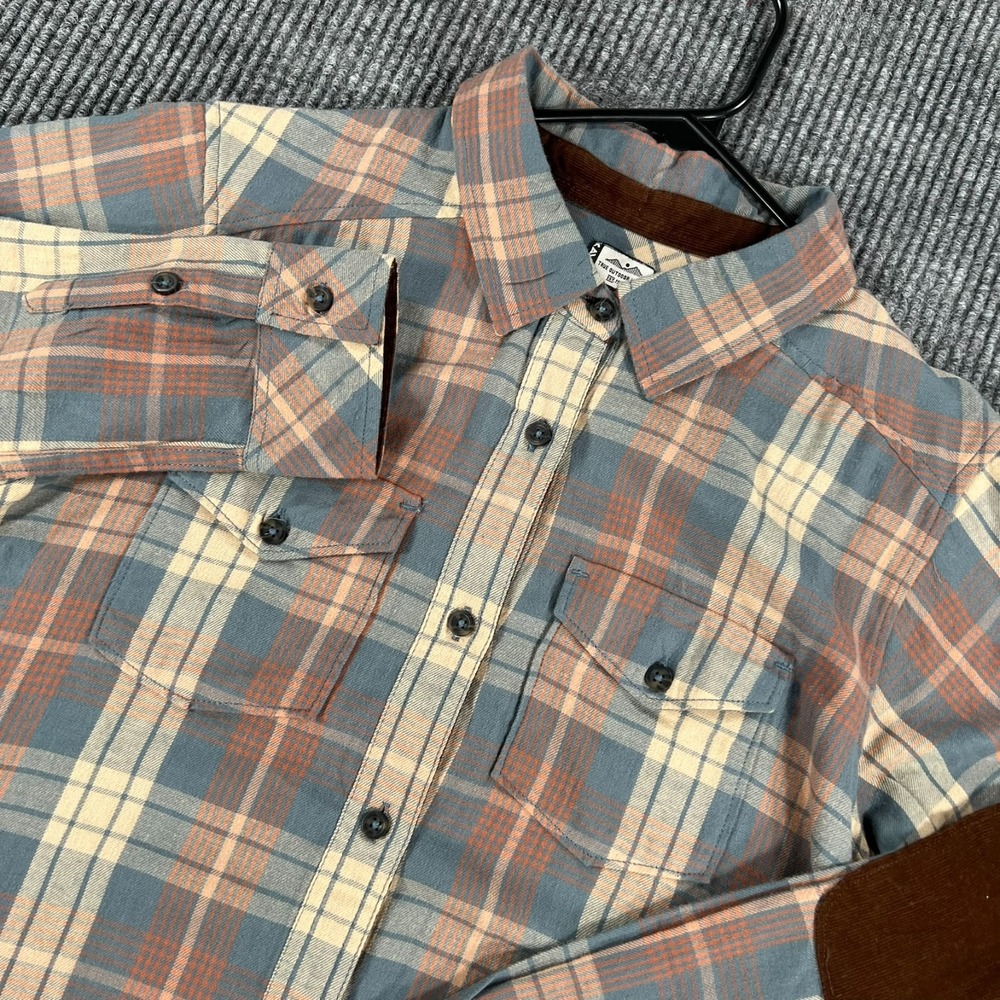 KAVU Shirt Womens Small Brown Plaid Long Sleeve Button Up Elbow Patch Outdoor